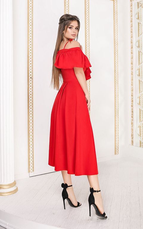 Красное платье миди на бретелях с воланом "Марго" 20 цветов, размеры 40-60