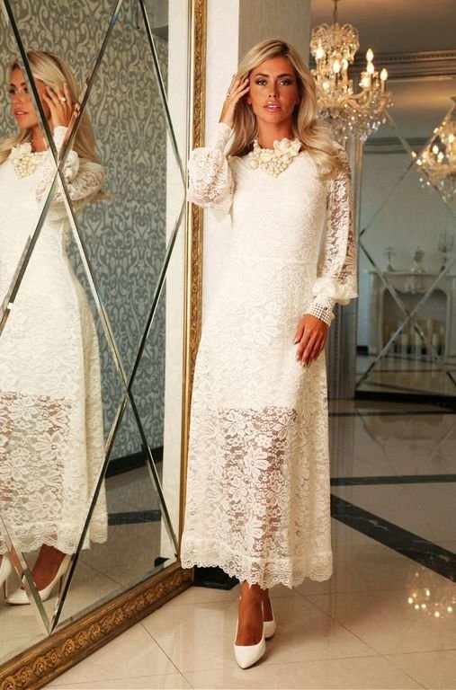 Біле довге плаття з мережива рукав-ліхтарик "Міранда" 20 кольорів, розміри 40-60