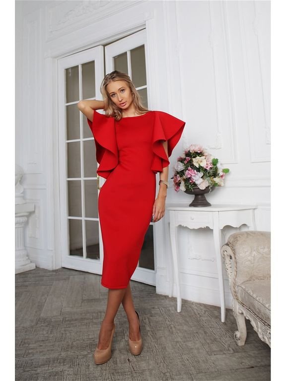 Яскраве червоне плаття з пишними воланами "Олівія" 20 кольорів, розміри 40-60