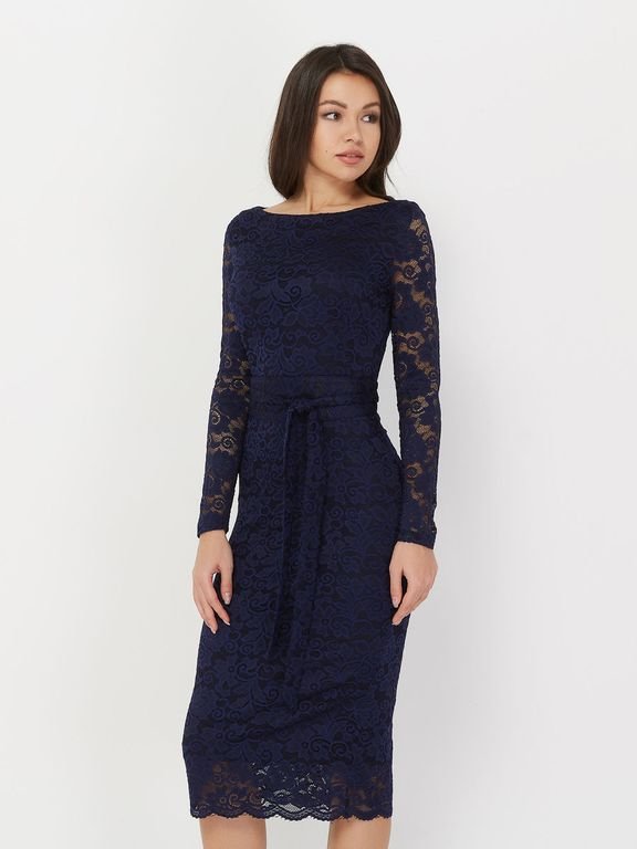 Коротке темно-синє коктейльне плаття з мережива з поясом "Верона" 20 кольорів, розміри 40-60