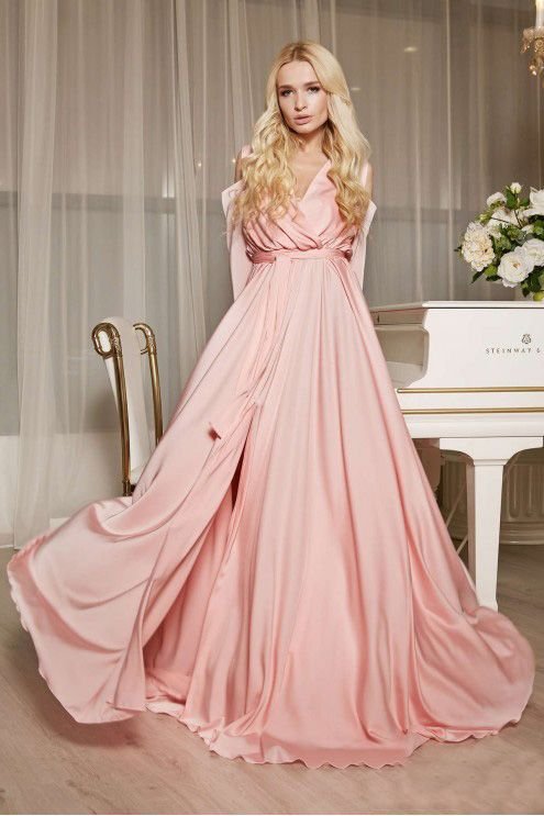 Розкішне довге плаття з шовку колір пудра "Ніка" 5 кольорів, розміри 40-54