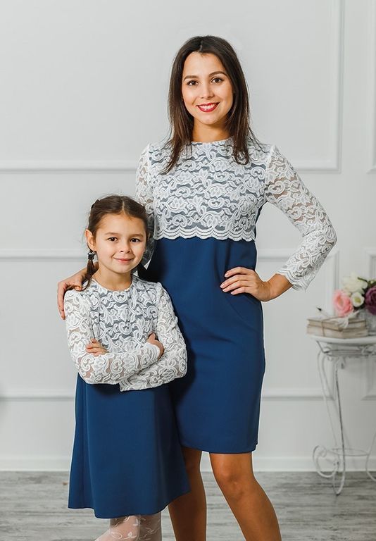 Кружевные синие платья family look для мамы и дочки, 25 цветов, размеры 24-60