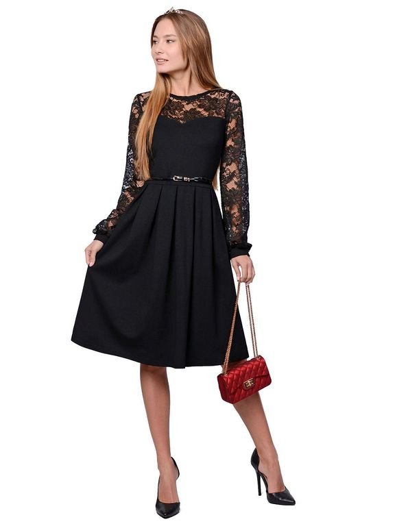 Черное короткое платье с широким кружевным рукавом, 6 цветов, размеры 40-60
