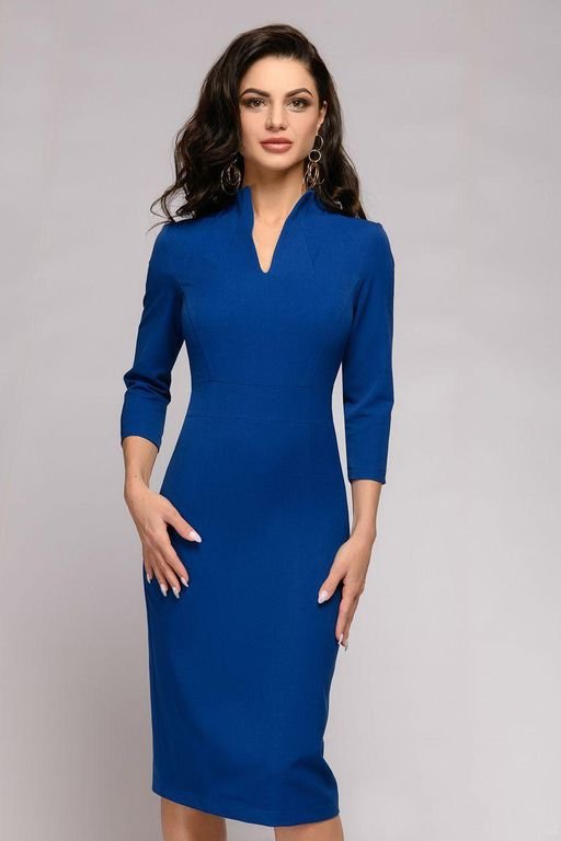 Синє коротке плаття по фігурі з комірцем "Христина" 20 кольорів, розміри 40-60