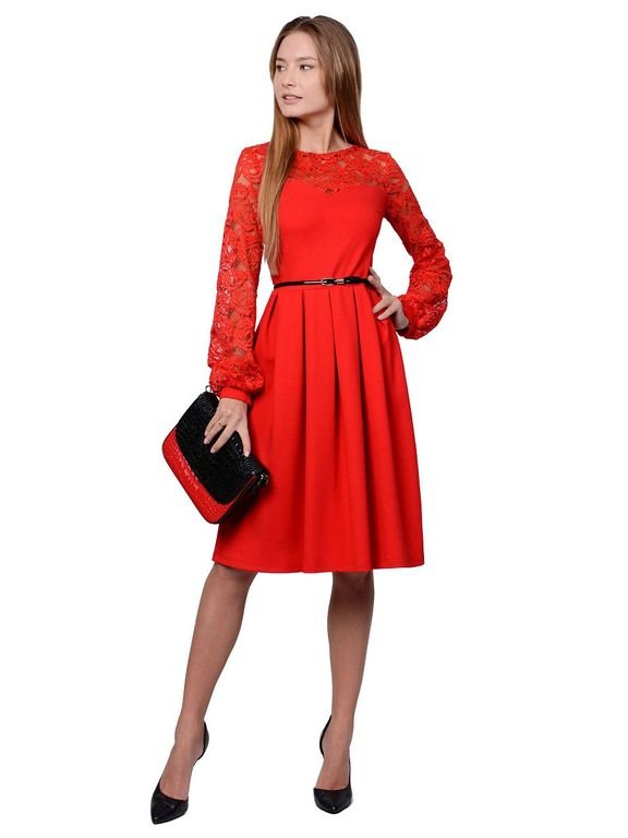Червоне коротке плаття з широким мереживним рукавом, 6 кольорів, розміри 40-60