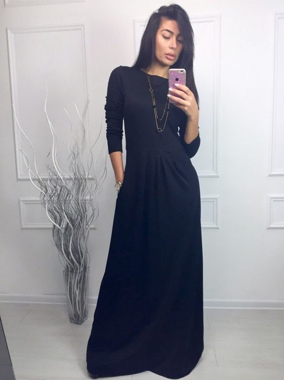 Черное вечернее платье в пол с карманами "Имари" 20 цветов, размеры 40-60