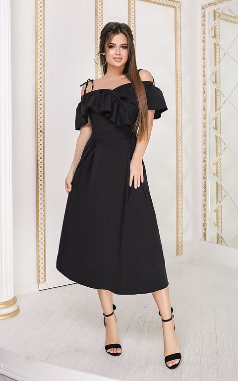 Черное платье миди на бретелях с воланом "Марго" 20 цветов, размеры 40-60