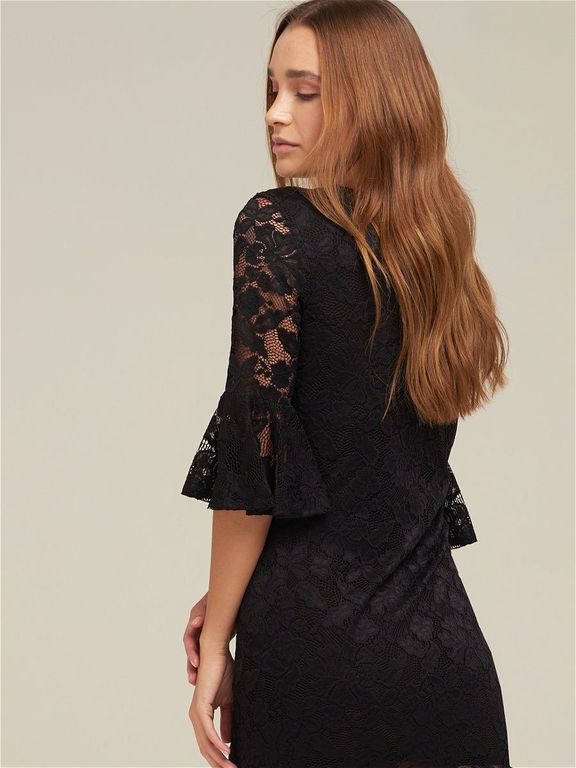 Мереживне коротке чорне плаття з розкльошеним рукавом, 6 кольорів, розміри 40-60