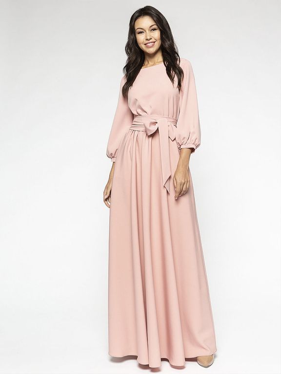 Вечернее длинное платье с рукавом-фонарик цвет пудра "Стейси" 25 цветов, размеры 40-60