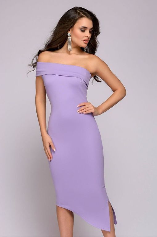 Короткое сиреневое платье асимметрия с открытыми плечиками "Бэтси" 20 цветов, размеры 40-54