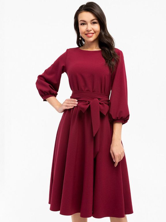 Бордовое платье миди с рукавом-фонариком "Глафира" 20 цветов, размеры 40-60