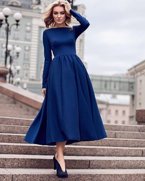Нарядне синє плаття міді "Клементина" 20 кольорів, розміри 40-60