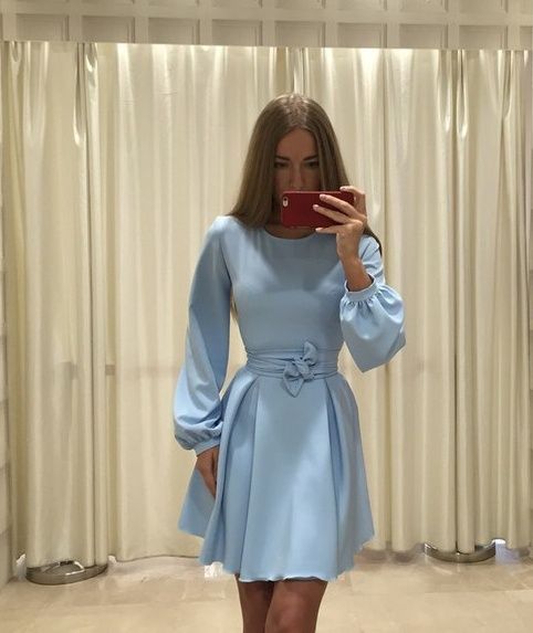 Блакитне коротке плаття рукав-ліхтарик "Лорена" 20 кольорів, розміри 40-60