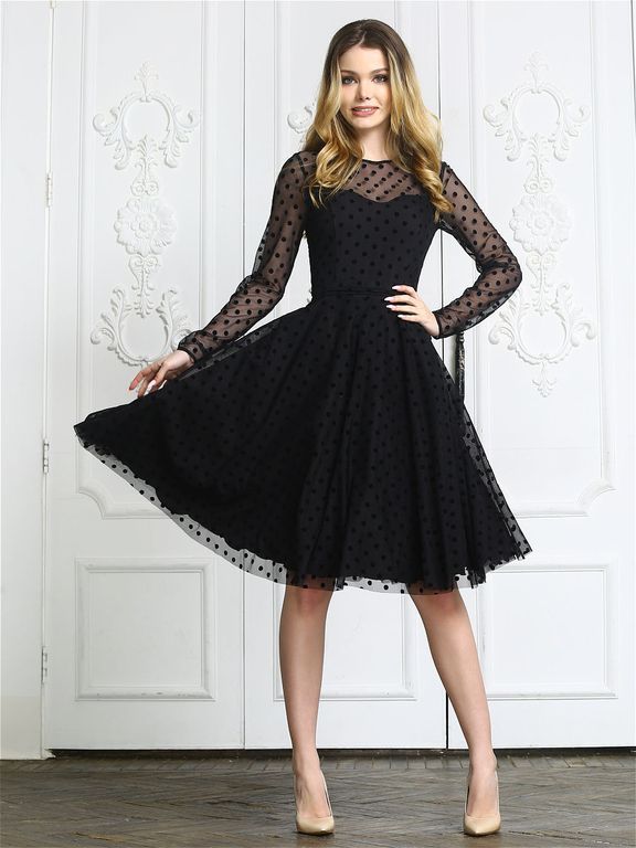 Коротке чорне пишна сукня з сіткою у великий горошок "Акація" 20 кольорів, розміри 40-60