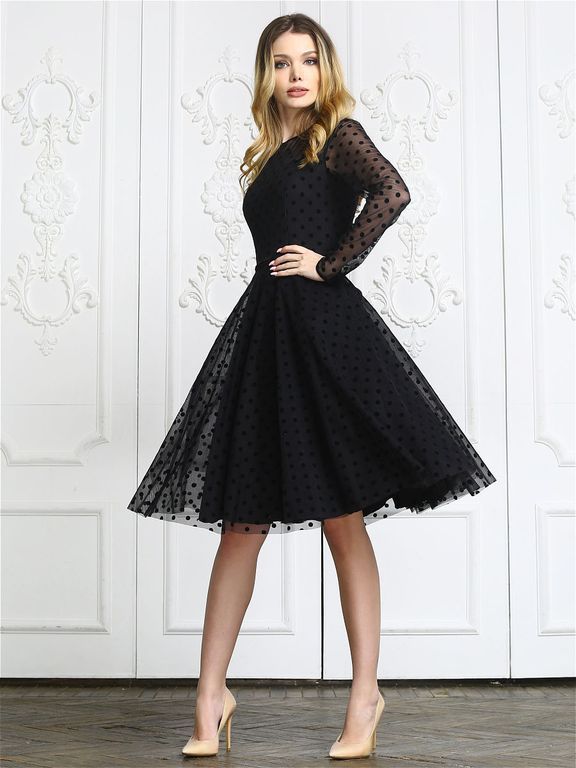 Коротке чорне пишна сукня з сіткою у великий горошок "Акація" 20 кольорів, розміри 40-60