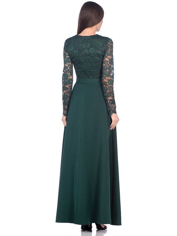 Темно-зеленое длинное вечернее платье с кружевным верхом "Ксения" 6 цветов, размеры 40-60