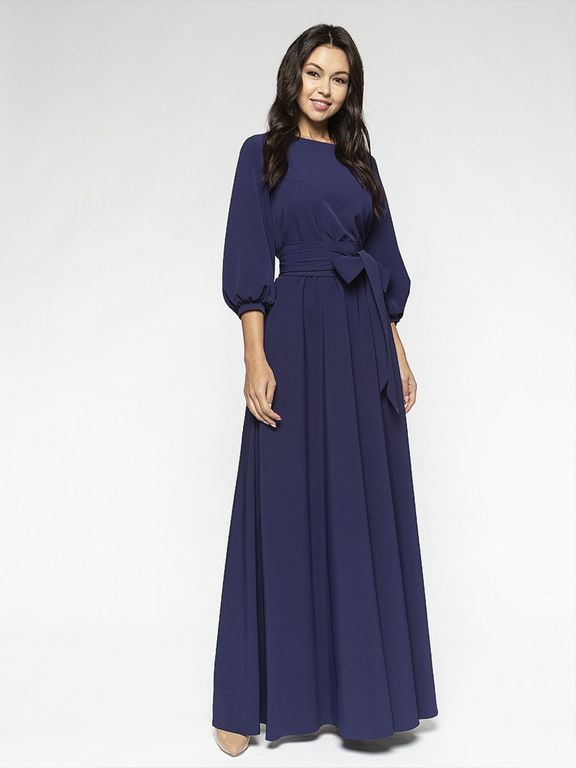 Темно-синее длинное вечернее платье с рукавом-фонарик "Стейси" 25 цветов, размеры 40-60