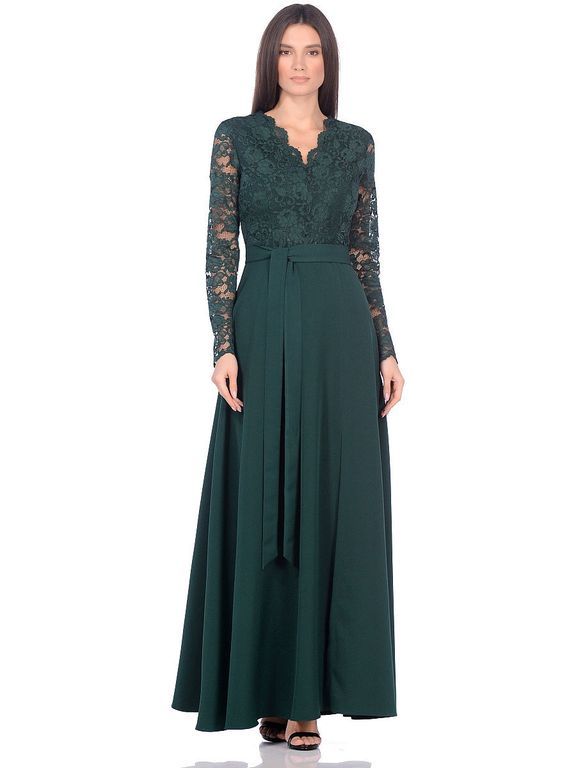 Темно-зеленое длинное вечернее платье с кружевным верхом "Ксения" 6 цветов, размеры 40-60