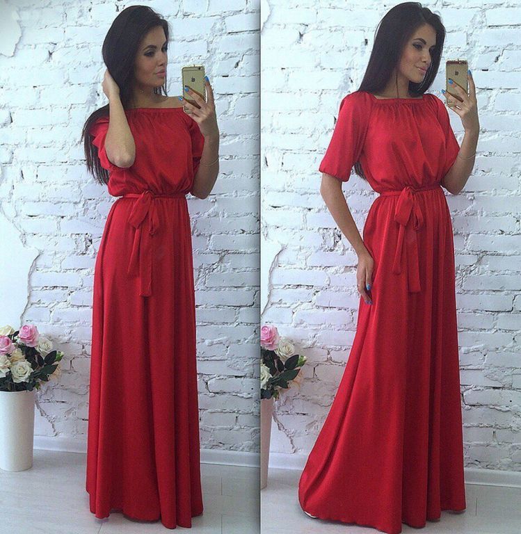 Длинное красное платье с открытыми плечиками "Катарина" 20 цветов, размеры 40-60