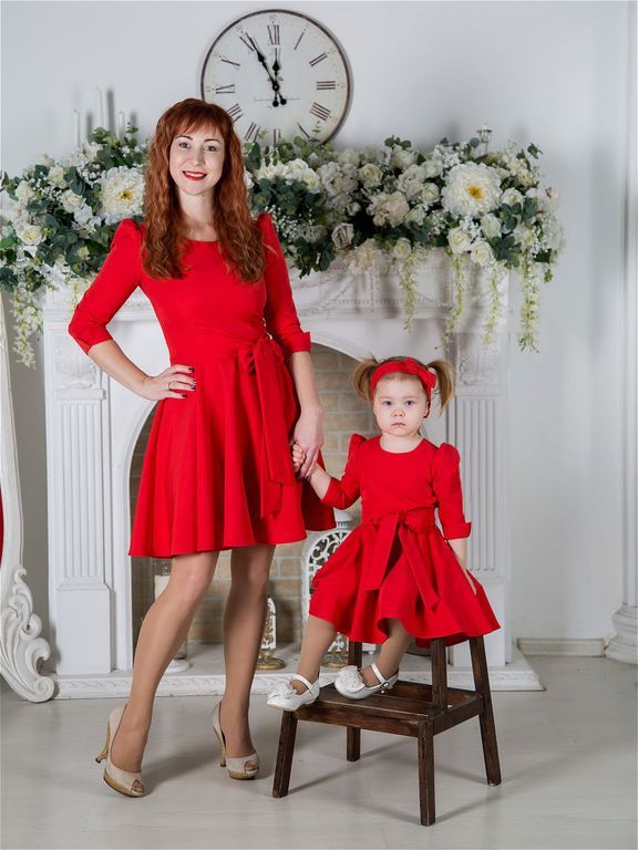 Красные короткие платья с карманами family look для мамы и дочки, 25 цветов, размеры 24-60