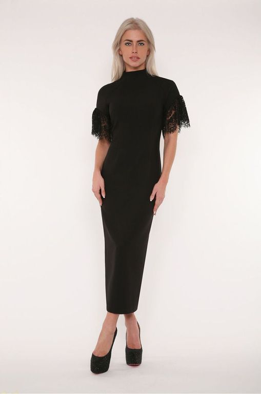 Чорне довге плаття з мереживом на рукавах "Конвалія" 20 кольорів, розміри 40-60