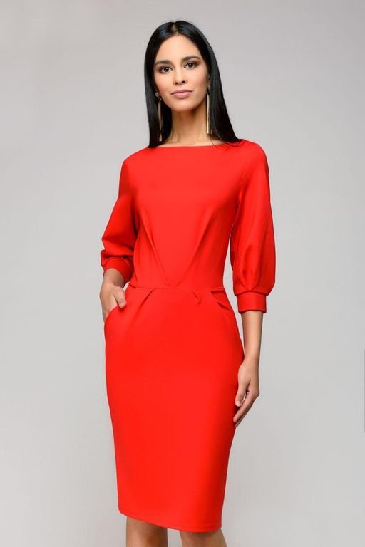 Красное деловое платье с длинным рукавом "Муза" 20 цветов, размеры 40-60