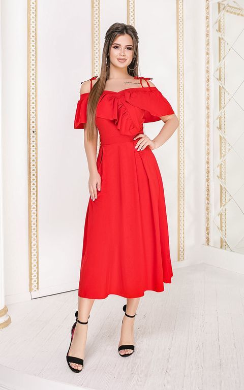 Красное платье миди на бретелях с воланом "Марго" 20 цветов, размеры 40-60