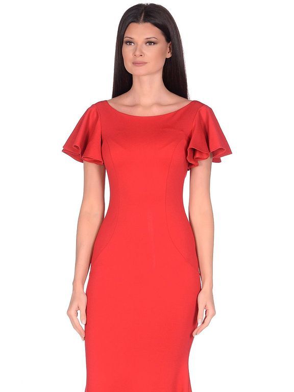 Длинное красное вечернее платье с рукавами-рюшами "Арума" 20 цветов, размеры 40-60