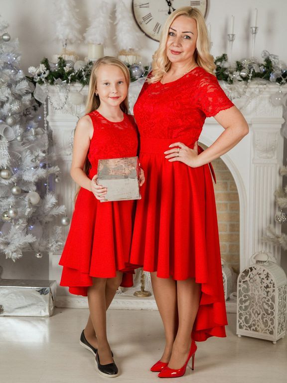 Красные платья с кружевом family look для мамы и дочки, 25 цветов, размеры 24-60