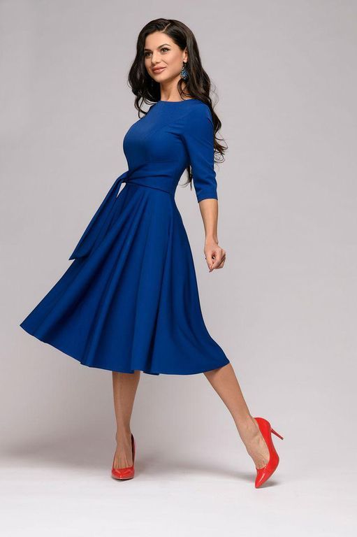 Эффектное синее платье миди с поясом "Амира" 20 цветов, размеры 40-60