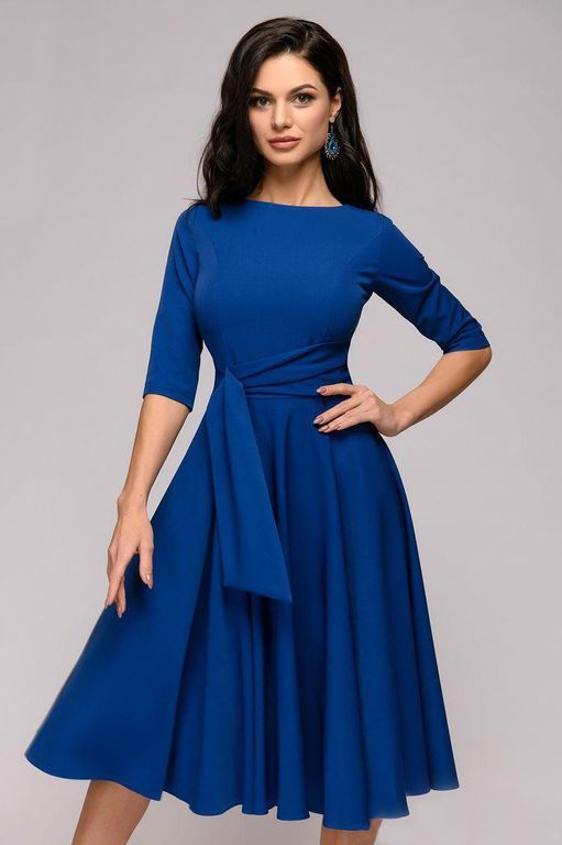 Эффектное синее платье миди с поясом "Амира" 20 цветов, размеры 40-60