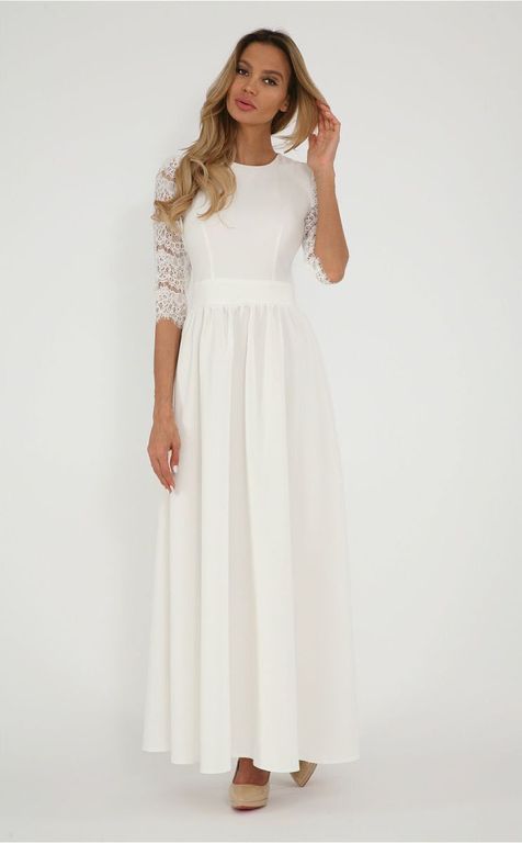 Белое платье в пол с кружевными рукавами "Вупи" 6 цветов, размеры 40-60