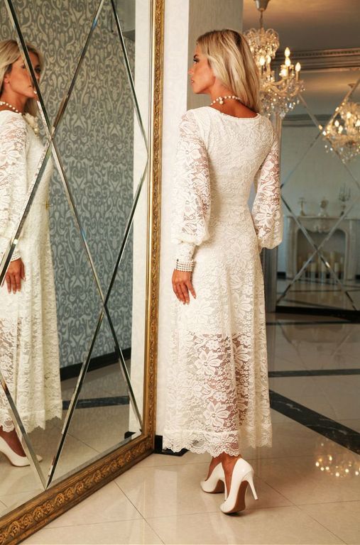 Біле довге плаття з мережива рукав-ліхтарик "Міранда" 20 кольорів, розміри 40-60