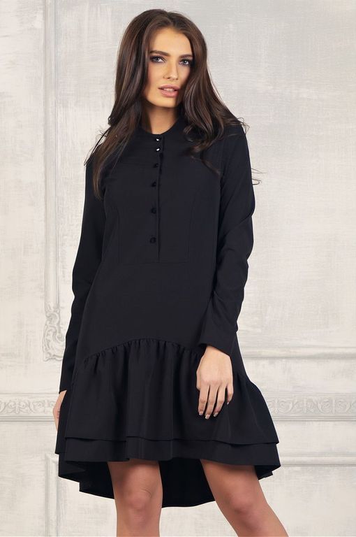 Черное короткое платье с пуговицами и удлиненной юбкой сзади "Мелисса" 20 цветов, размеры 40-60