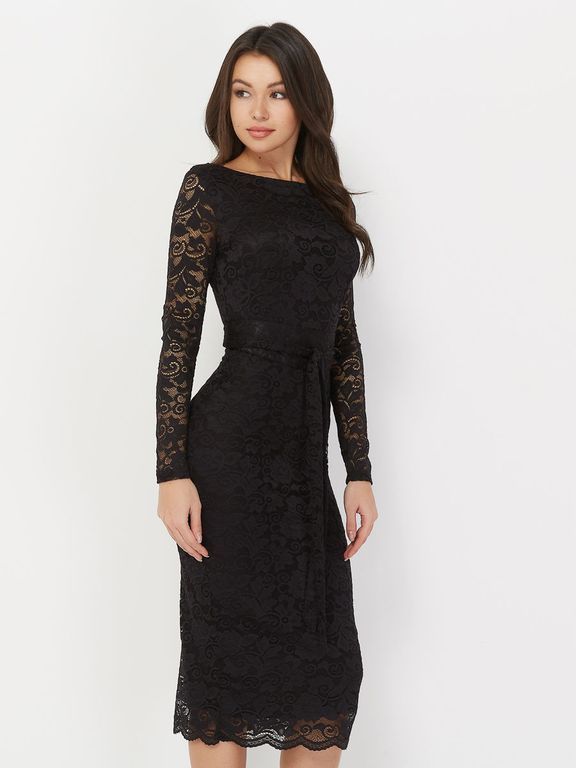 Коротке чорне коктейльне плаття з мережива з поясом "Верона" 20 кольорів, розміри 40-60