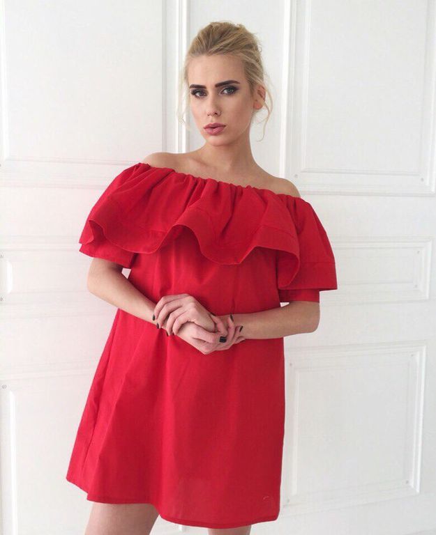 Червоне коротке літнє плаття з пишним воланом "Хайді" 20 кольорів, розміри 40-60
