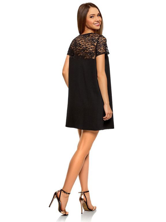 Черное платье мини с кружевом на рукавах и спинке "Ривьера" 6 цветов, размеры 40-60