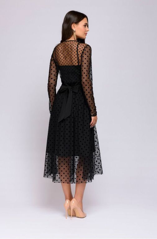 Короткое черное платье с сеткой в горошек "Росита" 20 цветов, размеры 40-60