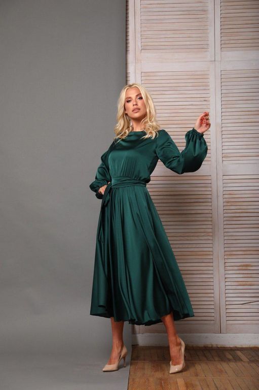 Сукня міді з шовку смарагдового кольору "Ангеліна" 5 кольорів, розміри 40-54
