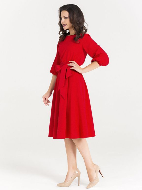 Красное платье миди с рукавом-фонариком "Глафира" 20 цветов, размеры 40-60