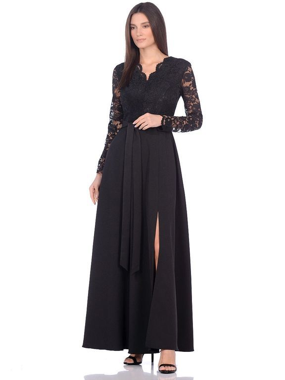 Длинное вечернее платье черного цвета с кружевным верхом "Ксения" 6 цветов, размеры 40-60