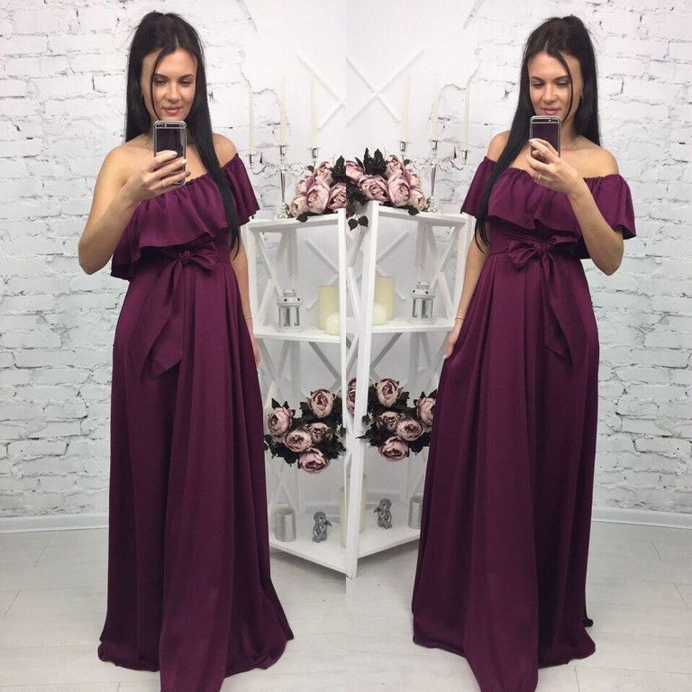 Длинное шелковое платье с воланом цвет марсала "Анисия" 5 цветов, размеры 40-54
