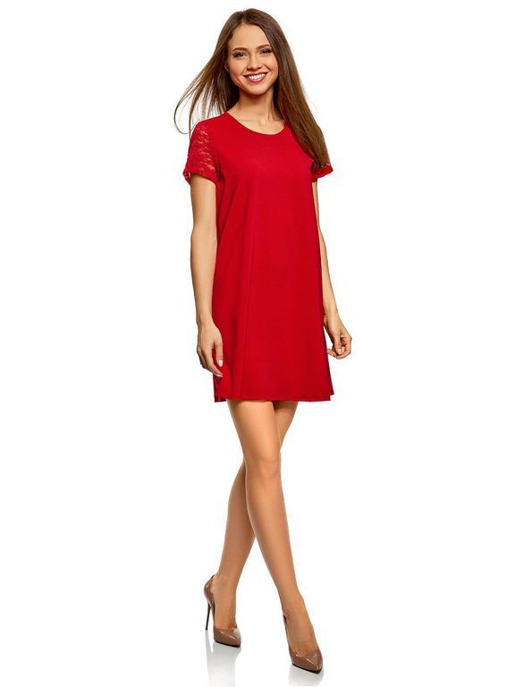 Красное платье мини с кружевом на рукавах и спинке "Ривьера" 6 цветов, размеры 40-60