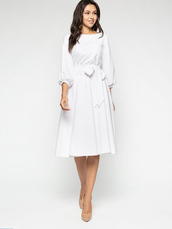 Белое платье миди с рукавом-фонариком "Глафира" 20 цветов, размеры 40-60