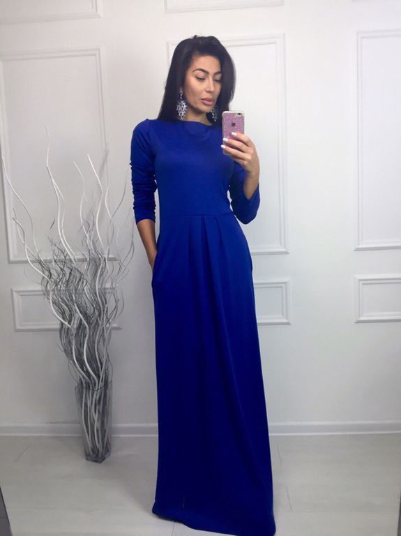 Синее длинное платье с карманами "Имари" 20 цветов, размеры 40-60