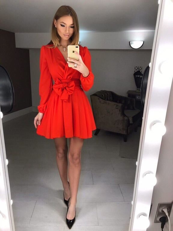 Короткое красное платье с юбкой солнце "Клубничка" 20 цветов, размеры 40-60