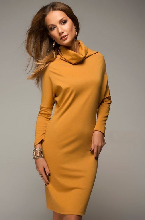 Стильное платье-туника горчичного цвета "Алес" 20 цветов, размеры 40-60