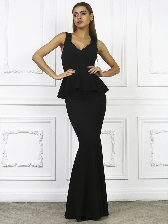Чорне довге плаття годе з баскою "Барбара" 20 кольорів, розміри 40-60