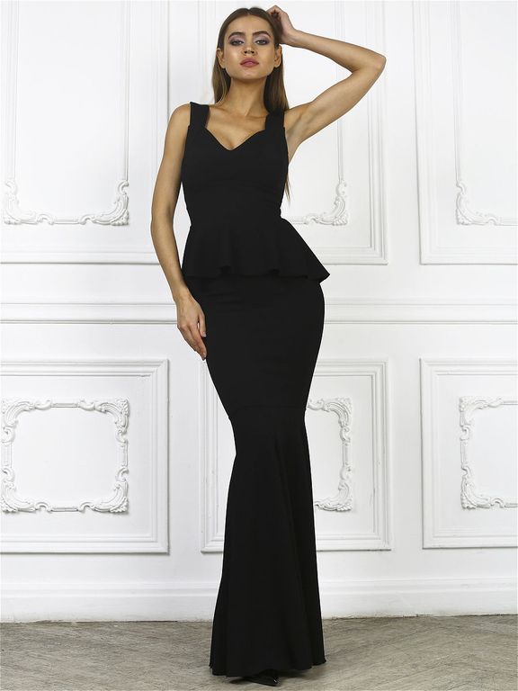 Черное длинное платье годе с баской "Барбара" 20 цветов, размеры 40-60
