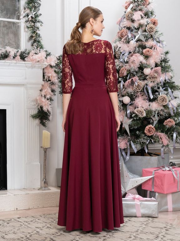 Бордовое длинное вечернее платье с кружевом "Анжела" 20 цветов, размеры 40-60